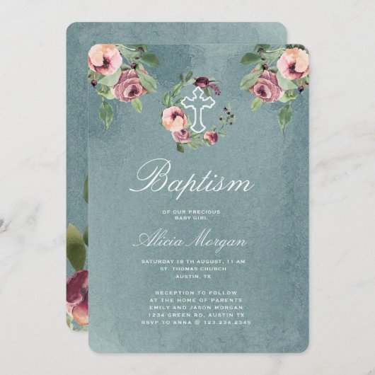 oceaanblauw marsala bloemige elegante doop kaart (Voorkant / Achterkant)