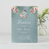 oceaanblauw marsala bloemige elegante doop kaart (Staand voorkant)