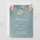 oceaanblauw marsala bloemige elegante doop kaart (Voorkant)