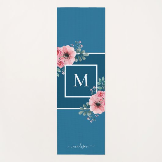 Oceaanblauw | Waterverf bloemen Monogram Yoga Mat (Voorkant)