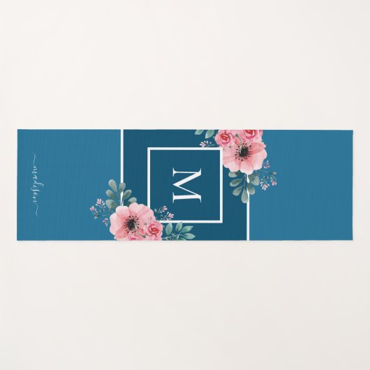 Oceaanblauw | Waterverf bloemen Monogram Yoga Mat (Voorkant (horizontaal))