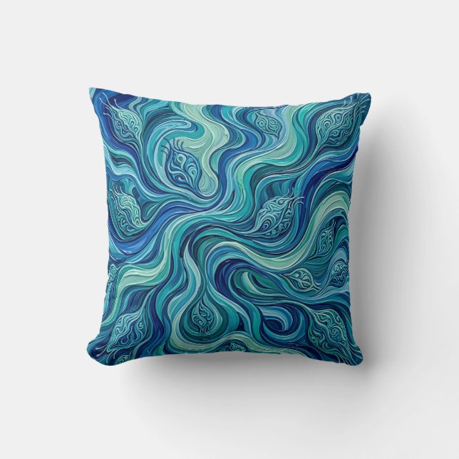 Oceaanblauwe Abstracte Worpkussen Kussen (Voorkant)