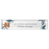 Oceaanblauwe waterverf laurels koper monogrammed naambordje (Voorkant)