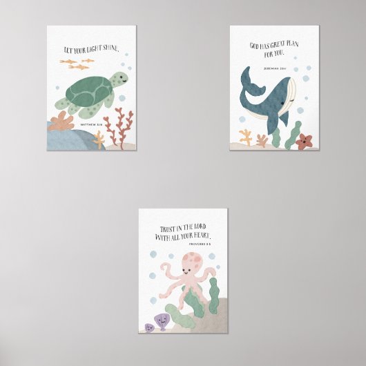 Oceaandieren kinder bijbelvers set van 3 prints (Voorkant)