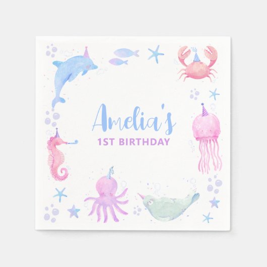 Oceaandieren onder het Zee Kids Birthday Servet (Voorkant)