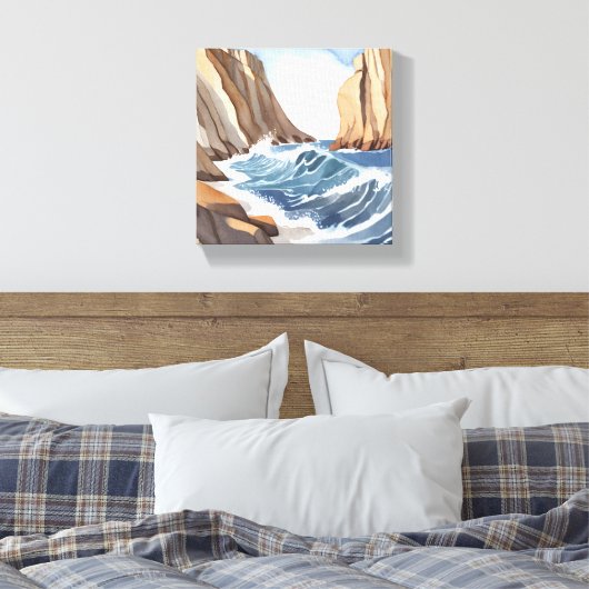 Oceaangolven crashen | Waterverf aan het strand Canvas Afdruk (Insitu (Slaapkamer))