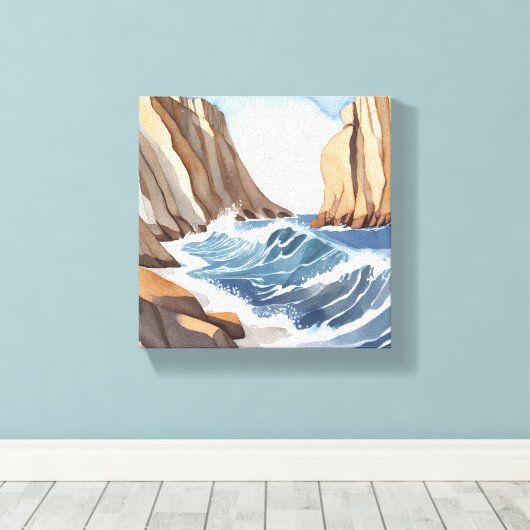 Oceaangolven crashen | Waterverf aan het strand Canvas Afdruk (Insitu (Houten vloer))