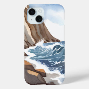 Oceaangolven crashen Waterverf aan het strand iPhone 15 Case