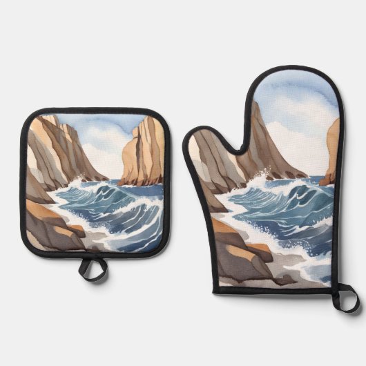 Oceaangolven crashen | Waterverf aan het strand Ovenwant & Pannenlap Set (Voorkant)