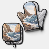 Oceaangolven crashen | Waterverf aan het strand Ovenwant & Pannenlap Set (Voorkant / Achterkant)