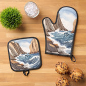 Oceaangolven crashen | Waterverf aan het strand Ovenwant & Pannenlap Set (Top down)