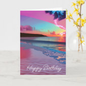 Oceaangolven en zonsondergang, Roze Zand, Gelukkig Kaart (Gele Bloem)