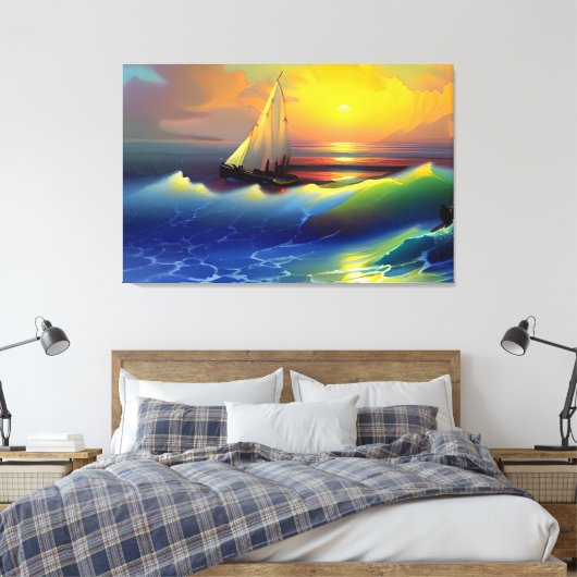 Oceaangolven, Zeilboot en Zonsondergang Reflection Canvas Afdruk (Insitu (Slaapkamer))