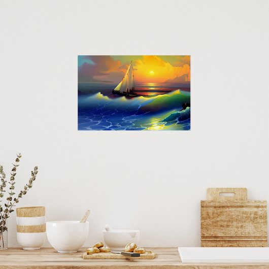 Oceaangolven, Zeilboot en Zonsondergang Reflection Poster (Keuken)