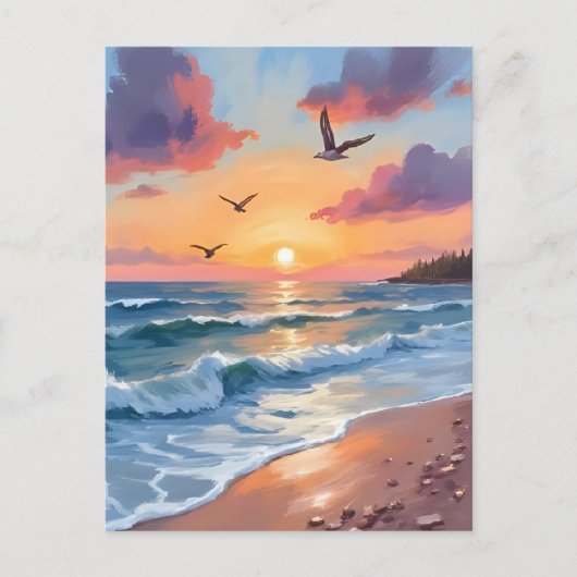 oceaangolven zonsondergang | Olieverf Coastal Beac Briefkaart (Voorkant)