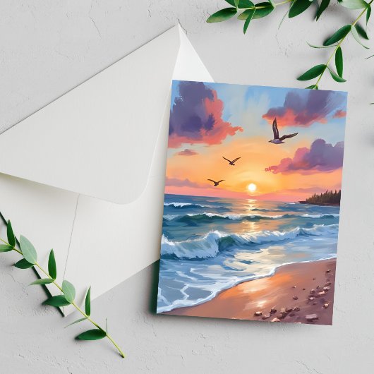 oceaangolven zonsondergang | Olieverf Coastal Beac Briefkaart