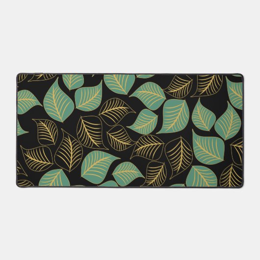 Oceaangroen en goud breed blad patroon op zwart bureaumat (Voorkant)