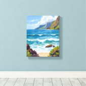 Oceaankust Blauwe Golven Aquarel Schilderij Canvas Afdruk (Insitu (Houten vloer))