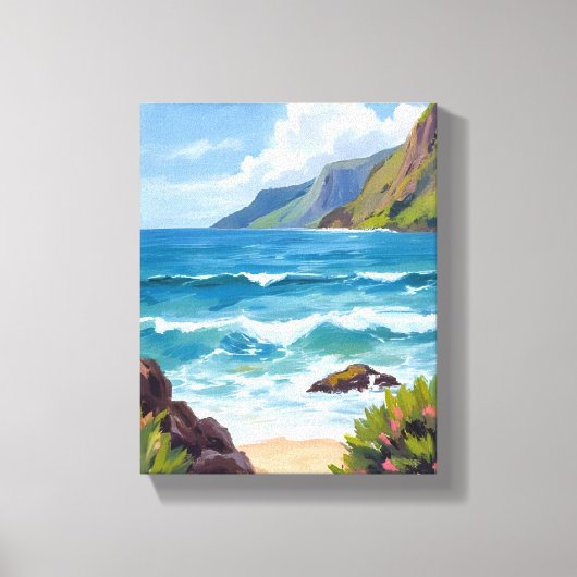 Oceaankust Blauwe Golven Aquarel Schilderij Canvas Afdruk (Voorkant)