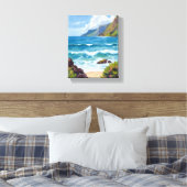 Oceaankust Blauwe Golven Aquarel Schilderij Canvas Afdruk (Insitu (Slaapkamer))