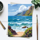 Oceaankust Blauwe Golven Aquarel Schilderij Kaart