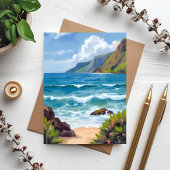 Oceaankust Blauwe Golven Aquarel Schilderij Kaart