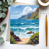Oceaankust Blauwe Golven Aquarel Schilderij Kaart