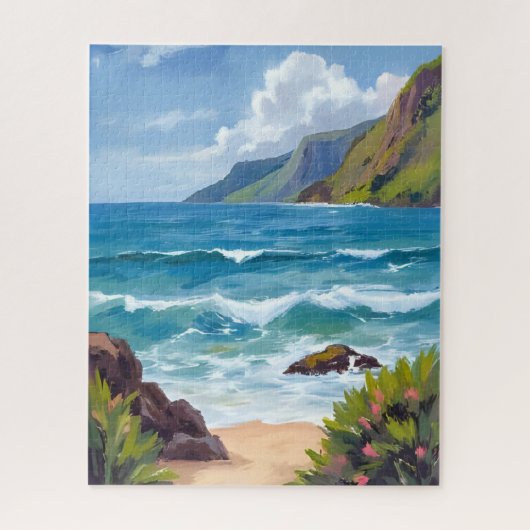 Oceaankust Blauwe Golven Aquarel Schilderij Legpuzzel (Verticaal)
