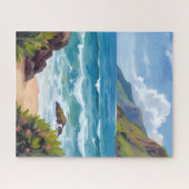 Oceaankust Blauwe Golven Aquarel Schilderij Legpuzzel (Horizontaal)