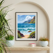 Oceaankust Blauwe Golven Aquarel Schilderij Poster
