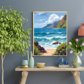Oceaankust Blauwe Golven Aquarel Schilderij Poster