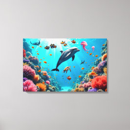 Oceaanleven met Dolfijn en Koraalrif Canvas Afdruk