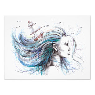 Oceaanmeisje Nautical Surreal Waterverf kunst Foto Afdruk