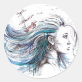 Oceaanmeisje Nautical Surreal Waterverf kunst Ronde Sticker (Voorkant)