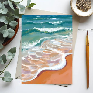 Oceaanoever   Aqua Blauwe Golven Strand Waterverf Briefkaart