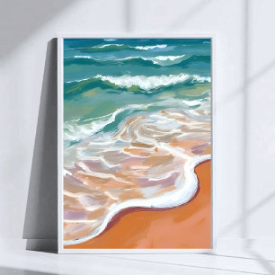 Oceaanoever   Aqua Blauwe Golven Strand Waterverf Poster