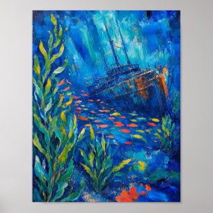Oceaanplanten vis gezonken schip Abstracte schilde Poster