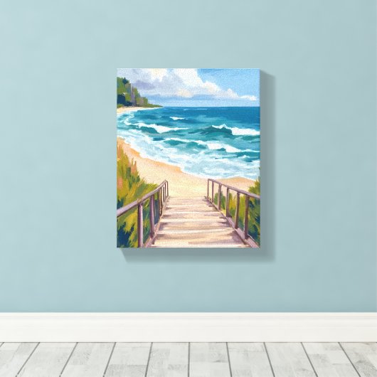 oceaanpromenade | strandgolven langs de kust canvas afdruk (Insitu (Houten vloer))