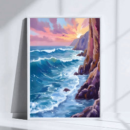 Oceaan's Adem | Rotsachtige Zee Zonsondergang Kust Poster