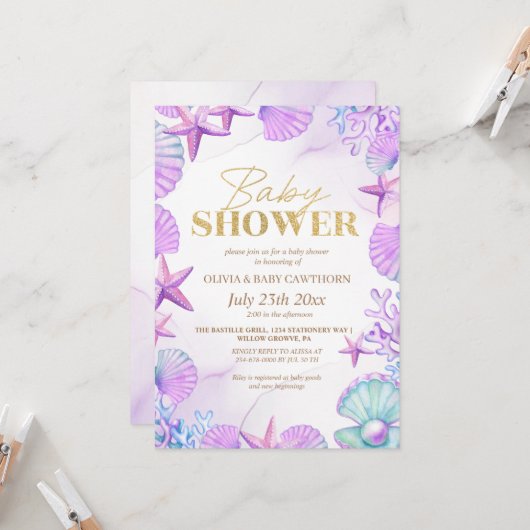 Oceaans strand koraalblauwe gouden babemeisjes dou kaart (Voorkant / Achterkant in situ)