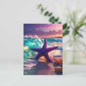Oceaanstrand met paarse zeester briefkaart (Staand voorkant)