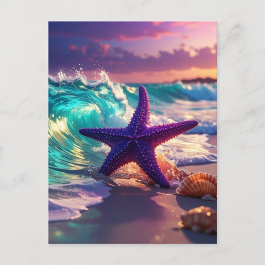 Oceaanstrand met paarse zeester briefkaart (Voorkant)