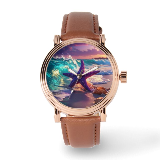 Oceaanstrand met paarse zeester horloge (Voorkant)