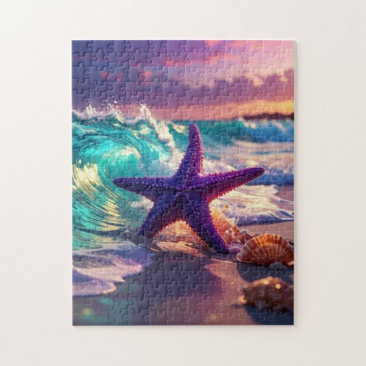 Oceaanstrand met paarse zeester legpuzzel (Verticaal)