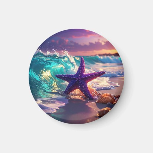Oceaanstrand met paarse zeester magneet (Voorkant)