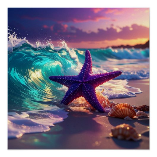 Oceaanstrand met paarse zeester perfect poster (Voorkant)