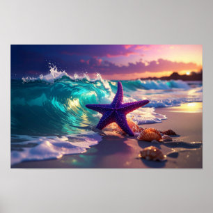 Oceaanstrand met paarse zeester poster