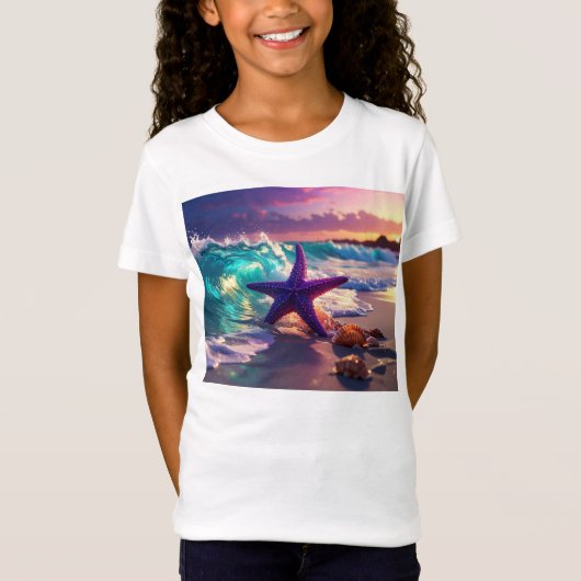Oceaanstrand met paarse zeester t-shirt (Voorkant)