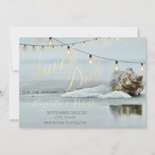 Oceaanstrand Schelp Slingerlicht Save The Date (Voorkant)