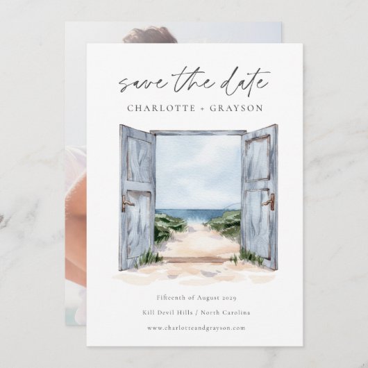 Oceaanstrand Waterverf Bruiloft Save the Date (Voorkant / Achterkant)